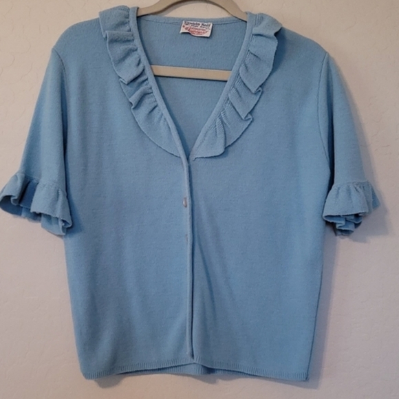 Vintage Featherknit Blue Short Sleeve with Ruffle Collar and Cuff Cardigan Med. - Picture 2 of 9